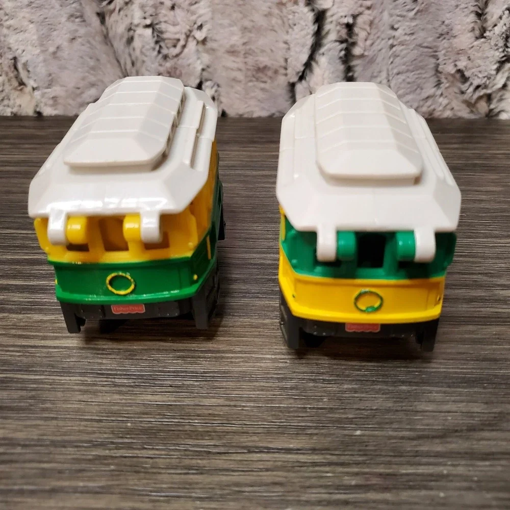 Fisher Price Geotrax Cable Cars - TWO No Motor Push Toys Roof Opens Yellow Green